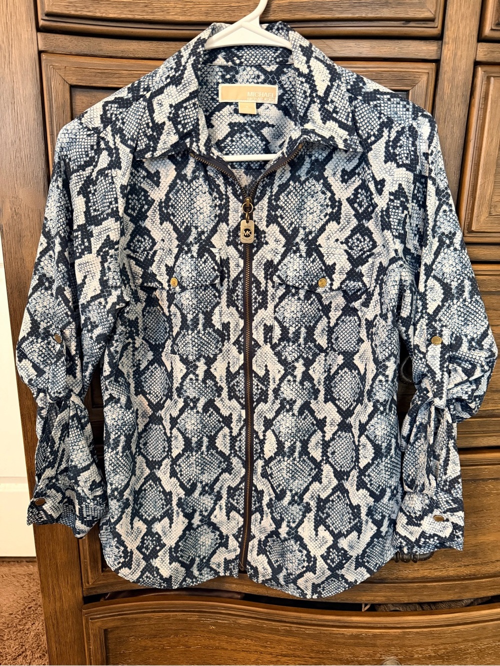 Michael Kors Blue & White Snake-Print Zip Front Shirt Jacket